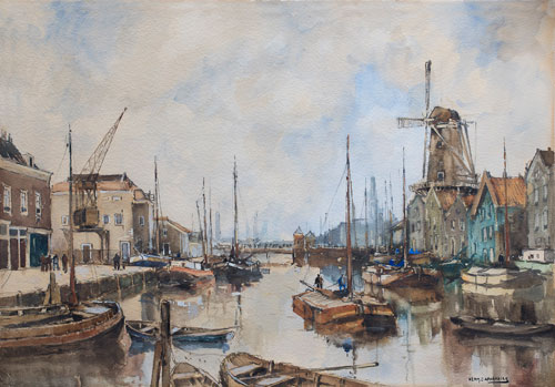 Herman Cornelis Adolf Paradies 1883-1996 "Achterhaven te Delfshaven, Rotterdam" Kunsthandel Dick Zeeman